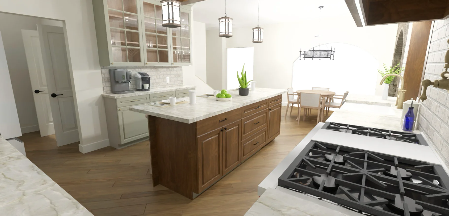 Kitchen design rendering viewed from the range, showing the wood island and adjoining dining space.