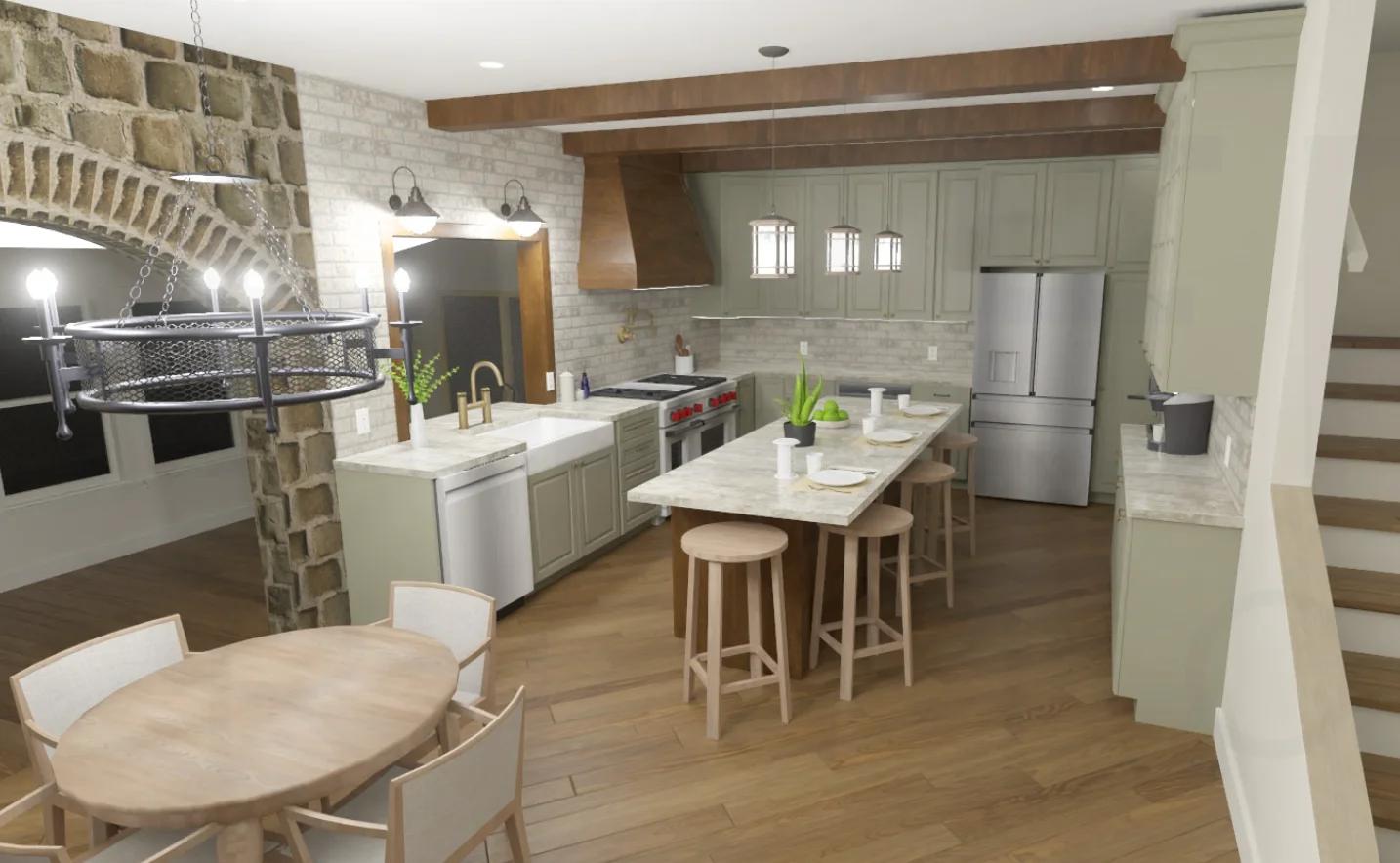 Kitchen design rendering showing a wood island, light cabinetry, exposed beams, and an adjoining dining area.
