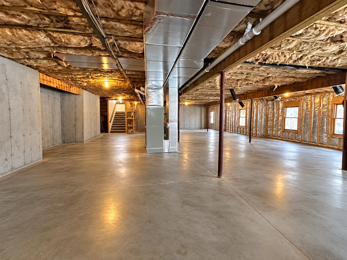 Before finishing: open Mechanicsburg basement with concrete flooring, exposed insulated joists, metal ductwork, steel support posts and stairs.