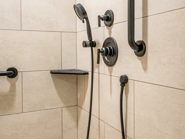 Black handheld shower, control and grab bars against large beige shower tiles.