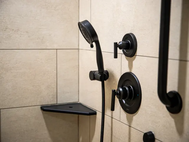 Close-up of black shower controls, a handheld spray and a corner shelf on beige tile.