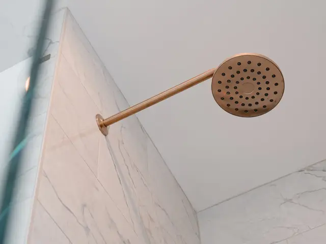 Close-up of a round gold-tone showerhead extending from pale tiled walls.