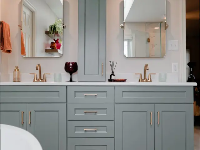 Vertical view of the complete double vanity with two mirrors and a central storage tower.