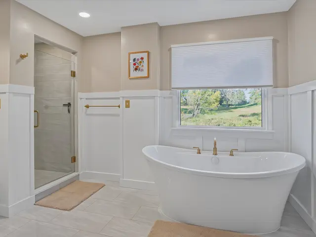 Finished bathroom overview showing the freestanding tub, white wainscot paneling and sage green vanity cabinetry.