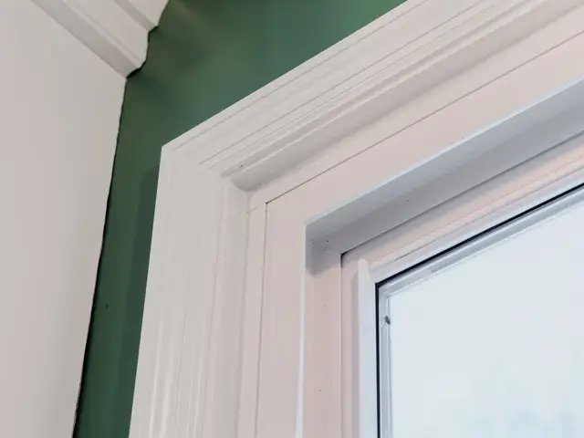 White window trim against the green kitchen accent wall.