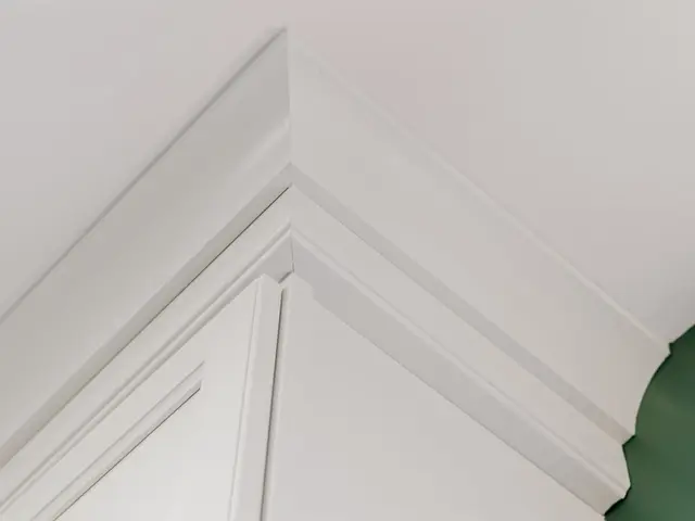 White cabinet crown molding where the upper cabinetry meets the ceiling.