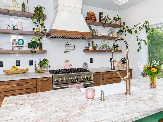 View across the kitchen island faucet toward the range and plant-filled wood shelves.